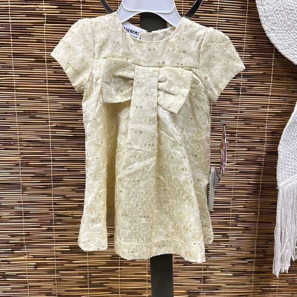 Blueberi Boulevard Baby Girls Bow-Front Shimmering Swing Dress - Light Beige Siz - Picture 2 of 3